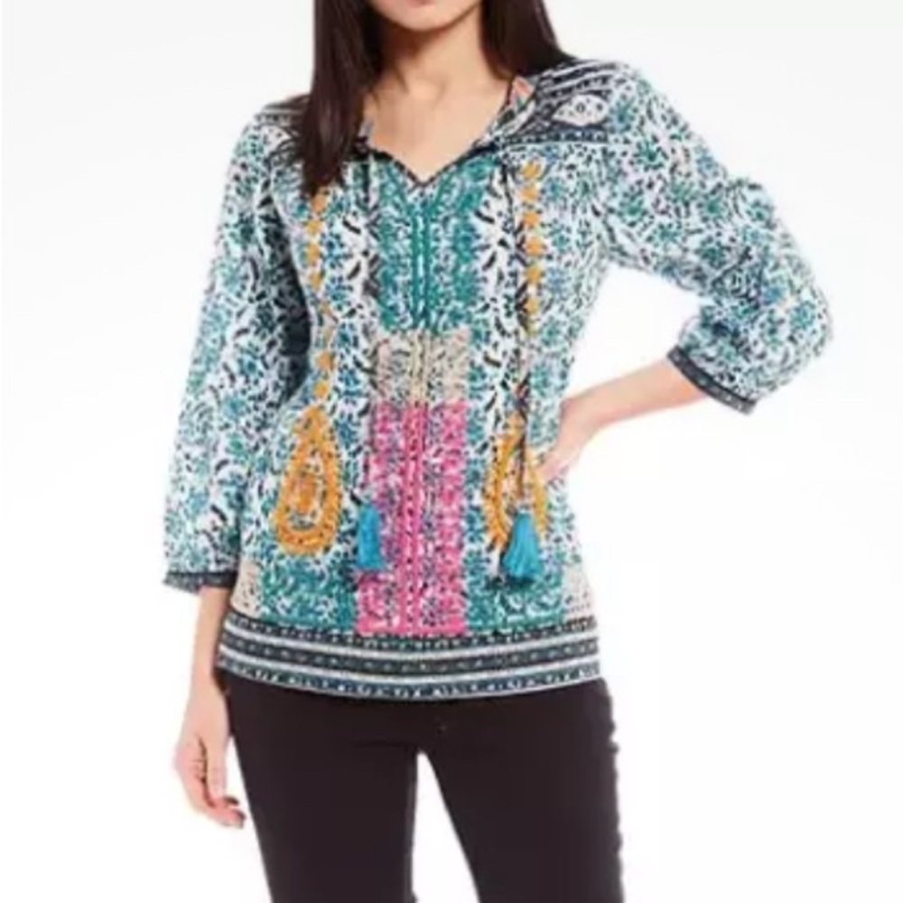 John Mark Boho Embroidered Floral 3/4 Sleeve Peasant Tunic Top Turquoise Small